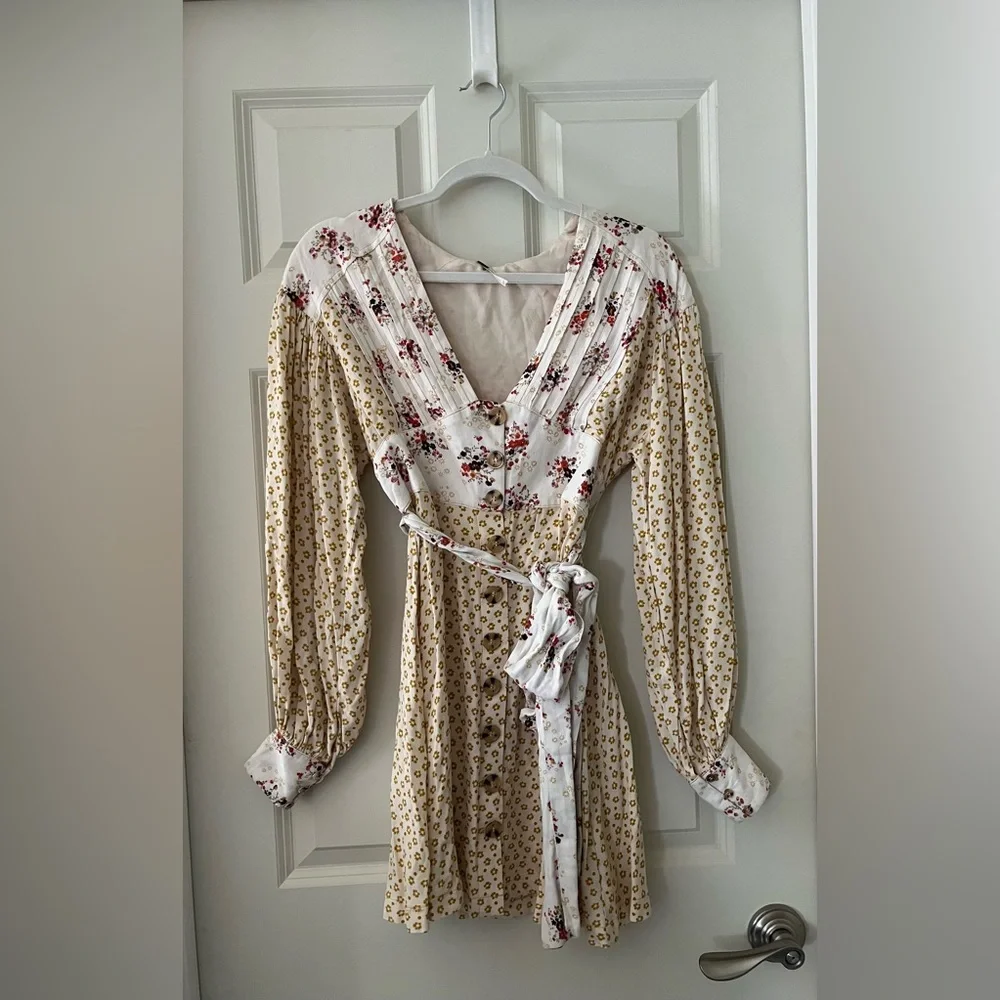 Free People Wonderland Printed Mini Dress Ivory Floral balloon sleeves boho XS